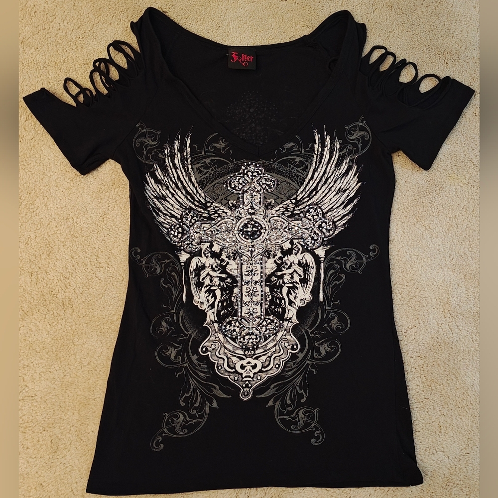 Y2K Folter Open Braided Arm Double Sided Rhinestone Bling Graphic T-shirt.